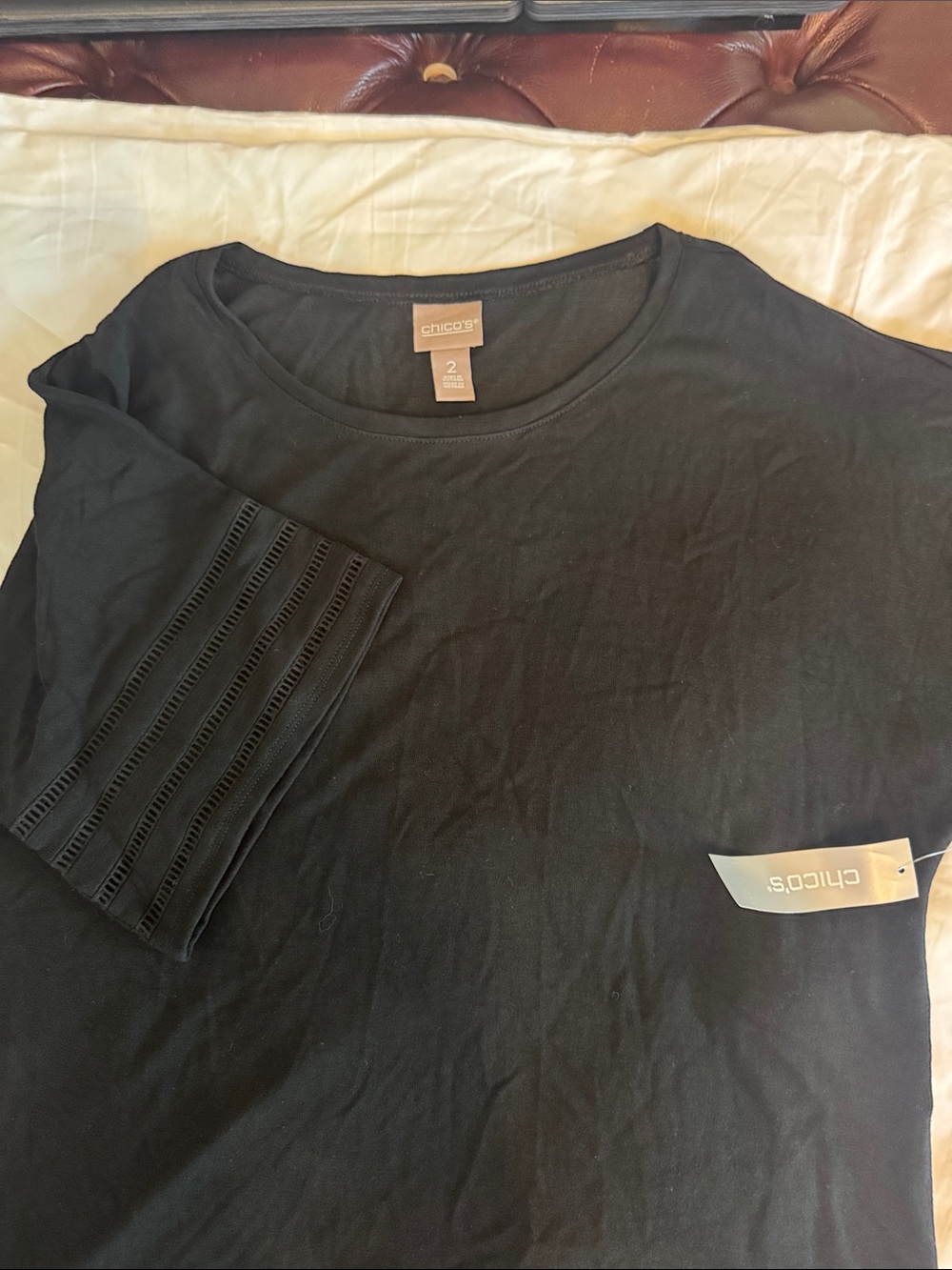 Chico's Black Short-Sleeve Tee with Ladder-Stitch Sleeve Detail